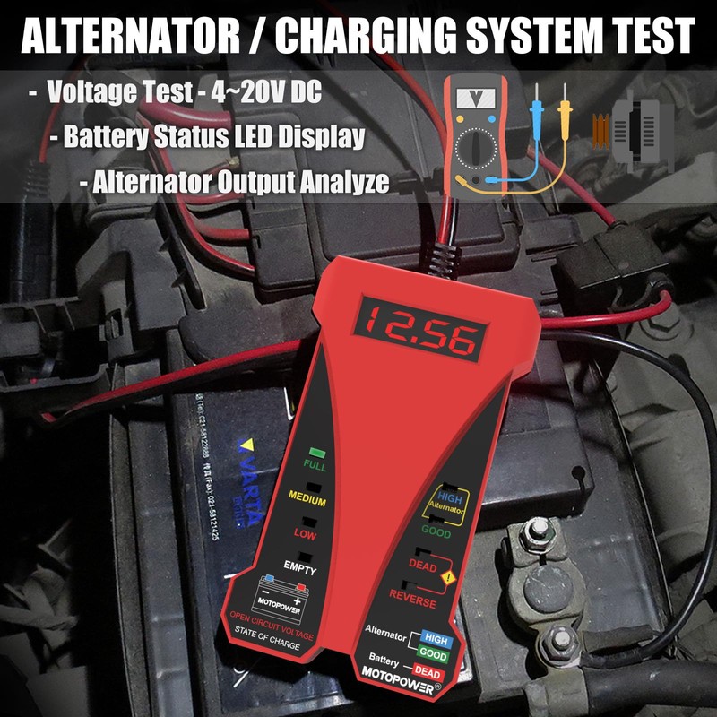 MOTOPOWER MP0514C 12V Digital Battery Tester Voltmeter and Charging System