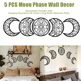 5PCS Wood Moon Phases Wall Hanging Decor, Moon Art Room Ornaments Wooden Decorations for Office Nursery Bedroom Apartment, Housewarming Gift for Family Friends