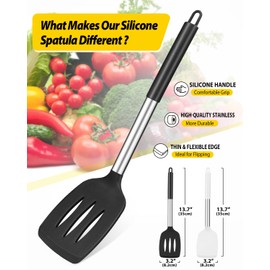 Pack of 2 Silicone Solid Turner, Non Stick Slotted Kitchen Spatulas, High Heat Resistant BPA Free Cooking Utensils, Ideal Cookware for Fish, Eggs, Pancakes(Black-White)