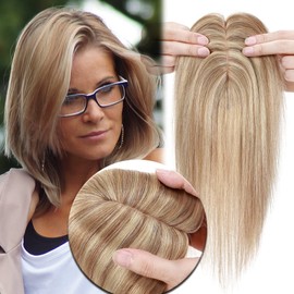 MY-LADY Human Hair Toppers for Women Real Remy Hair 150% Density 7 * 13CM Silk Base No Bangs Clip in Hair Pieces Straight Hairpiece for Thinning Hair 6 Inch #12/613 Golden Brown & Bleach Blonde