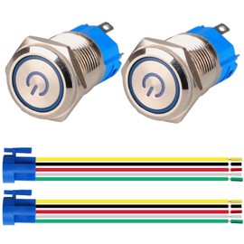 GUUZI 2 Pieces Locking Push Button Switch 1NO1NC Waterproof Stainless Steel Housing 220V-230V/5A LED Ring Illuminated Switch with Wire Female Plug Suitable for 16mm Mounting Hole (Blue)