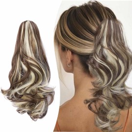 Gairyan 25 cm Ponytail Hairpiece Braid Extensions Long Curly Claw Clip-In Ponytail Extensions Synthetic Hair Extensions Wavy Hairpiece Hair Extension (Chestnut Brown & Bleached Blonde)