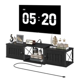 MAHANCRIS Farmhouse Floating TV Stand with Power Outlet, Wall Mounted Entertainment Center with Doors, Floating Media Console Cabinet with Storage, for Living Room, Bedroom, Black TVBK401E01