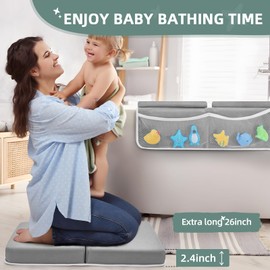 IFNOW Baby Bath Kneeler and Elbow Rest Pad Set - 26'' Extra Long and 2.4'' Thick, Quick Dry Kneeling Pad for Bathing Baby, Foldable Non-Slip Bath Kneeler Pad with Toys & Bath Accessories Organizer