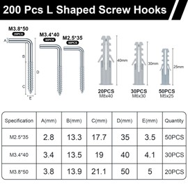 Amentalove Pack of 200 Screw Hooks, L-Shape 3 Sizes, Wall Hooks for Screws, L Hook Screws with Expansion Tube, White L Screw Hooks, Right Angle Metal Screw Hooks for Home, Workplace, Office
