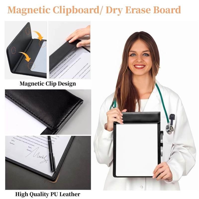 iNenya Magnetic Dry Erase Board with Clipboard,PU Leather Desktop Whiteboard