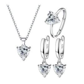 TTPSRY Heart Shaped Jewellery Set for Women Crystal Necklace Stud Earrings Ring Set for Bride Cubic Zirconia Bridesmaid Silver Jewellery, Copper, Rhinestone, zirconia