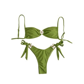 Milumia Women's 2 Piece Bikini Set Starfish Decor Spaghetti Strap Tie Side Swimwear Green Large