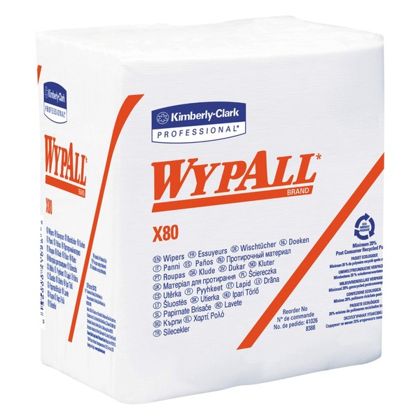 WypAll KCC 41026 X80 Wipers, Hydroknit, 1/4 Fold, 12 1/2 X 13, White, 50/box, 4 Boxes/carton