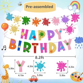 Paint Art Themed Birthday Banner Party Decorations Kit Supplies,Glitter Colorful Rainbow Happy Birthday Banner with Hanging Swirls for Classroom Drawing Theme Party Decor