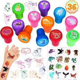 36PCS Dragon Party Favors 24 Tattoos Sticker 12 Stamp Set - Ideal Magic Dragon Themed Birthday Card Decorations Supplies Goodie Bag Cute Reward for Boys Girls Classroom Gifts Baby Shower Prizes