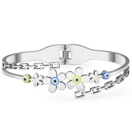 TIZURO Stainless Steel 18K Gold Silver Plated Crystal Colorful Flower Evil Eyes Bracelets Hollow Out Cuff Bangle Hawaiian Jewellry For Women Charms Gifts (Silver Plated)