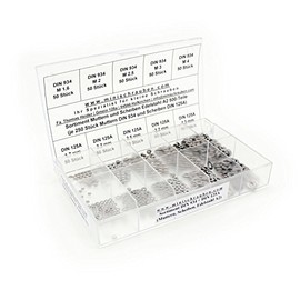 Assortment box with 500 pieces small washers and nuts according to DIN 934 and DIN 125A made of A2 stainless steel. Mini screws assortment including labelled box