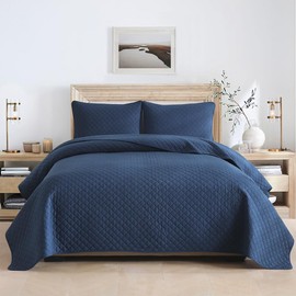 Wistown Cotton King Quilt Bedding Sets, 3 Pieces Reversible Lightweight Coverlets Comforters Bedspreads for All Seasons, Geometric Stitching Pattern, Navy Blue