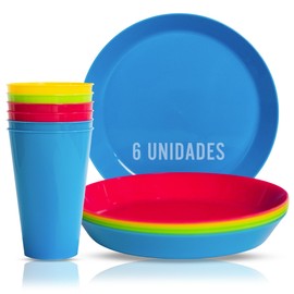 Mypicompany Set of 6 Reusable Hard Plastic Plates and 6 Hard Plastic Cups, Camping Tableware Suitable for Microwaves and Dishwashers, BPA Free Camping Accessories, Unbreakable Camping Plates