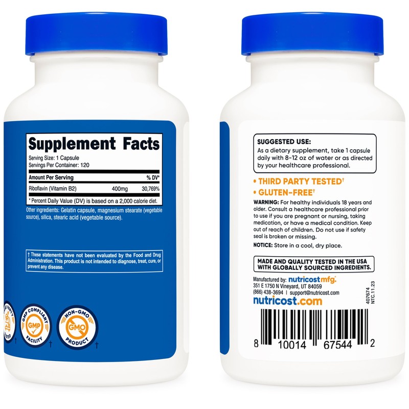 Nutricost Vitamin B2 (Riboflavin) 400mg, 120 Capsules (2 Bottles)