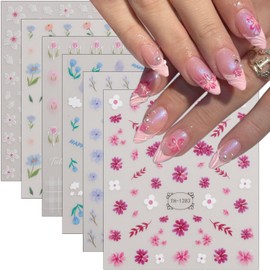 Flower Nail Stickers 3D Tulip Cherry Blossom Nail Art Stickers Self Adhesive Floral Nails Decals Spring Summer Nails Design Supplies Pink Blue White Daisy Flower Sticker for Women DIY Manicure 6Sheets