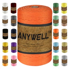 ANYWELL Orange Macrame Cord 3mm x 218 Yards, Corde Macramé, Colored Macrame Rope, Cotton Cord, Handmade Soft 4-Strand Twisted Cotton Rope, Wall Hanging, Plant Hanger, DIY Craft Making, Knitting