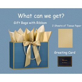 JMANNI Gift Bags, 1PCS Gift Bags Large with Ribbon and 1 Greeting Cards 2 Tissue Paper, Portable Paper Gift Bag with Handles, Birthday Gift Bags,Present Bags for Wedding Party Mothers Day. 12.6''X9.84''X4''(GoldenBlue)
