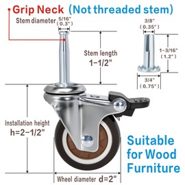 JGJC 2" Non-Marring Rubber Caster Wheels: Value 8-Pack Bulk Set | 5/16" ×1-1/2" (8×38mm) Grip Neck with Sleeve Plugs | Heavy Duty Casters with Brake for Wood Furniture Legs | Double Quantity of 4-Pack