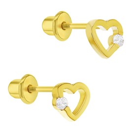 Gold Plated Tiny Clear Cubic Zirconia Open Heart Safety Screw Back Earrings for Baby Girls - Lovely and Charming Heart Stud Earrings for Infants, Toddlers, and Little Girls