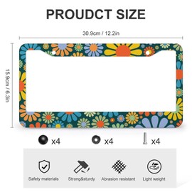 Abstract Hippie Flower Floral License Plate Frames 2 Pack 2 Holes Aluminum License Plate Cover with 2 Pcs Car Coasters and Screw and Black Screw Caps for Girl Women Men Gifts