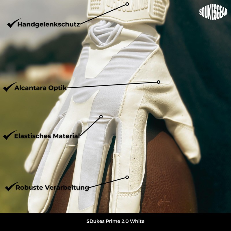 SDukes Prime 2.0 American Football Gloves Receiver (White, M)