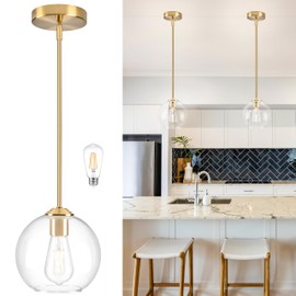 YSHomeStunn 7 Inch Brass Modern Pendant Lights Kitchen Island Mid Century Modern Pendant Light Fixtures with Clear Glass Globe Modern Hanging Pendant Light for Bathroom Bedroom （Bulb Incl）