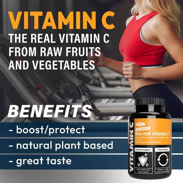 Real Vitamin C, Gains in Bulk Whole Food Vitamin C Supplement, High Potency, Whole Food Vitamin C from Plant Sources, Dietary Supplement, 60 Vegan Chewables