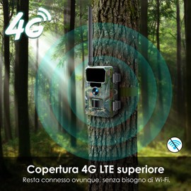 WOLFANG Fototrappola 4G con SIM, 2K 48MP HD Fotocamera Caccia con Infrarossi Rilevatore di Movimento Visione Notturna IP66 Impermeabile per la l'osservazione la Fauna