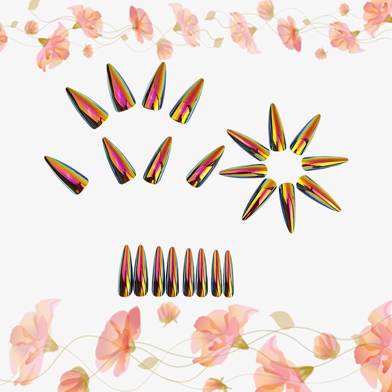 Chrome Press on Nails Medium Length Artificial Acrylic Metallic Laser