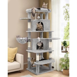 Globlazer Corner Cat Tree for Large Cats, 66inch Tall Curved Series Large Cat Tower for Multiple Indoor Cats with 6 Scratching Posts, 2 Spacious Cat Condos, Hammock, Hanging Basket, C66, Light Grey