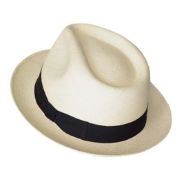 Genuine Panama Hats - Teardrop Classic Straw Fedora - Short Brim - Brisa Weave - Black Band - Handwoven in Ecuador (Natural, Medium | 56cm - 57cm)