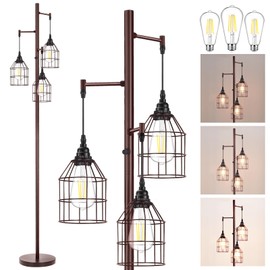Sucolite 70" Dimmable Floor Lamp for Living Room, Industrial 3-Light Tree Floor Lamp Brown with Cages, Farmhouse Rustic Tall Standing Lamp Floor Lighting for Bedroom Office, 3 Free LED Edison Bulbs