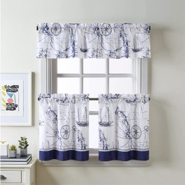 MVSUTA Aviation Blue Pinted Polyester Fabric Ocean Modern Waterproof White 3pcs Kitchen Curtain Set,42" W x 12" L Valance and 2pcs 21" W x 24" L Tiers