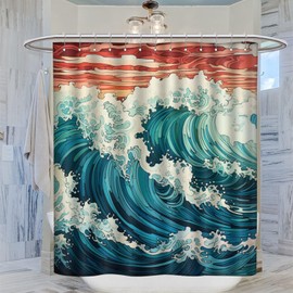 LITINGZHILONG Japanese Wave Art Shower Curtain, Oriental Retro Wave Monochrome Retro Abstract Wave Decorative Bathroom Shower Curtain, Asian Style Wave Ocean Theme Shower Curtain 12 Hooks 72x72in
