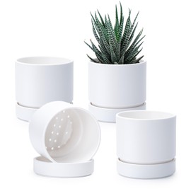 Phoenix Vine 4 Inch Planter Pot with Drainage Hole & Saucer, Deep Water Catch Tray, Straight Cylindrical Round Pot for Plants, Matte White, Pack of 4, 23-B-R-4