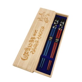 Couples Chopsticks Silver Cherry Blossom Flower Blue Red Design Paulownia Box with Wrapping Gift Gift for Grandpa Grandma Respect for the Aged Day (E)