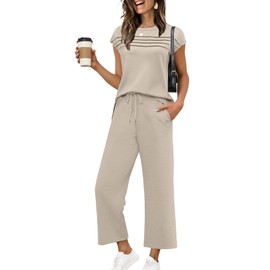 WIHOLL Plus Size Two Piece Sets for Women Summer Casual Wide Leg Crop Pants Set Vacation Travel Outfits Matching Sets Womens Clothing Airport Lounge Sets Cap Sleeve Tops Beige XXXL