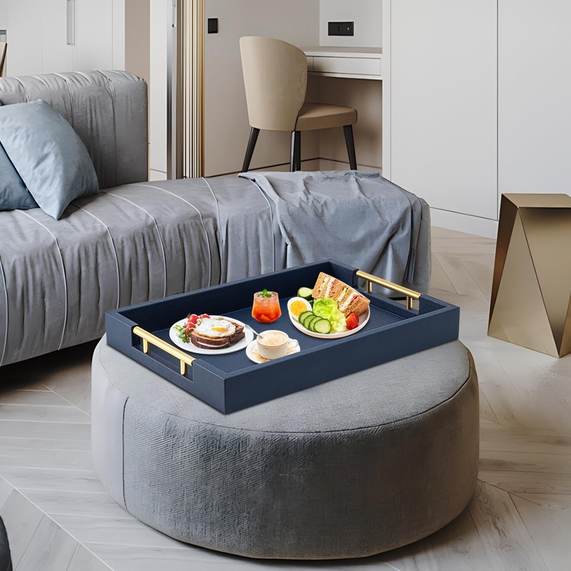 Navy Blue Faux Leather Serving Coffee Tray with Gold Handles,Rectangle