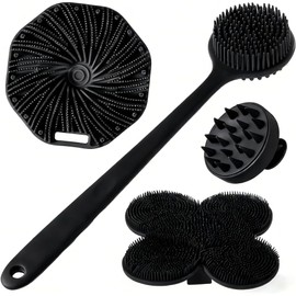Cepillo de silicona para cuerpo, Limpiador de Baño para Hombres y Mujeres, Limpiador de Espalda con mango largo, Cepillo de Masaje, Cepillo para Champú y Cepillo Facial (Negro-set 4)