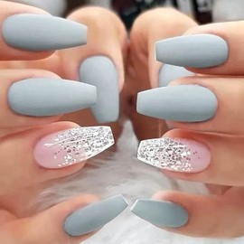 Short Press on Nails Coffin Gray Blue Full Cover Fake Nails Press ons Pink Gradient Acrylic Nails Lines Silver Sequins Glue on Nails Glossy False Nails Artificial Stick on Nails for Women 24Pcs