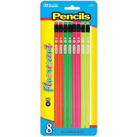BZC 8-Pack Fluorescent Wood #2 Pencils with Erasers