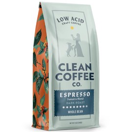 Clean Coffee Co. - Low Acid Espresso Roast, Tested for Molds and Toxins, Sumatra Blend, Notes of Dark Chocolate, Caramel, Toasted Sweetness (Whole Bean, 12 oz Bag)
