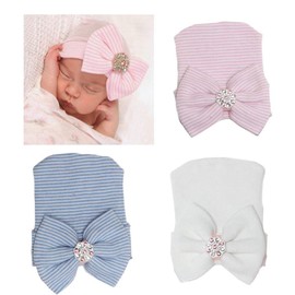 Aijian Newborn Hospital Hat Infant Baby Hat Cap with Big Bow Soft Cute Knot Nursery Beanie (3 Pack Bow Knit Rhinestone/ 0-3 Month)