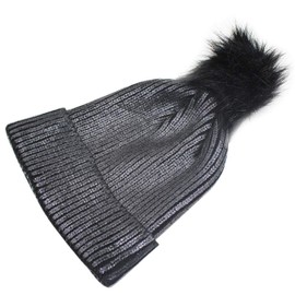 Women Girls Metallic Winter Hat Soft Warm Knitted Beanie Pom Pom Skull Cap (Black)