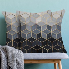 Boho Blue Pillow Covers 18 x 18 Inch Set of 2 Abstract Navy Blue Golden Geometric Throw Pillows Outdoor Decorative Modern Art Cubic Pillowcase Linen Cushion Cases for Bed Sofa Couch