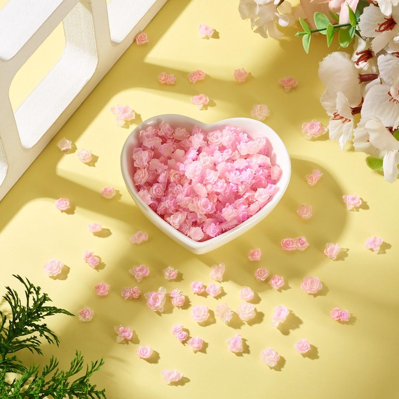 200Pcs Mini Pink Flower Charms for Crafts 3D Rose Flower