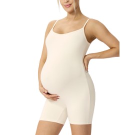 POSHDIVAH Women's Maternity Spaghetti Strap Bodysuit Shorts Pregnancy Bodycon Jumpsuit Sleeveless Tank Top Romper Shapewear, Beige, Small