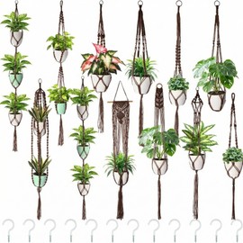 SATINIOR 12 Pcs Macrame Plant Hangers Handmade Boho Hanging Planters 12 Different Tiered Designs with 12 Hooks for Flower Pots Indoor Outdoor Decorative Wall Hanging Baskets for Home(Classic,Brown)